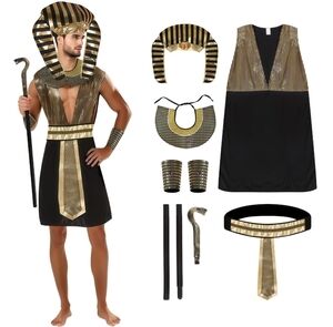 Pharaoh Costume Egyptian King Outfit with Pyramid Head Snake Scepter Ancient